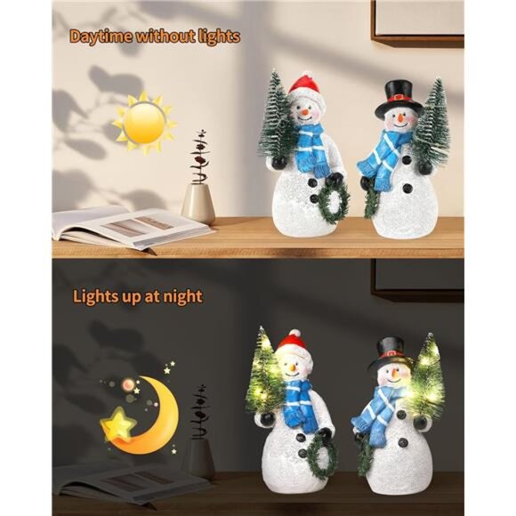 Resin Snowmen Figurines with Lighted Christmas Tree and Wreath 5'' - Set of 2 - Picture 2 of 7